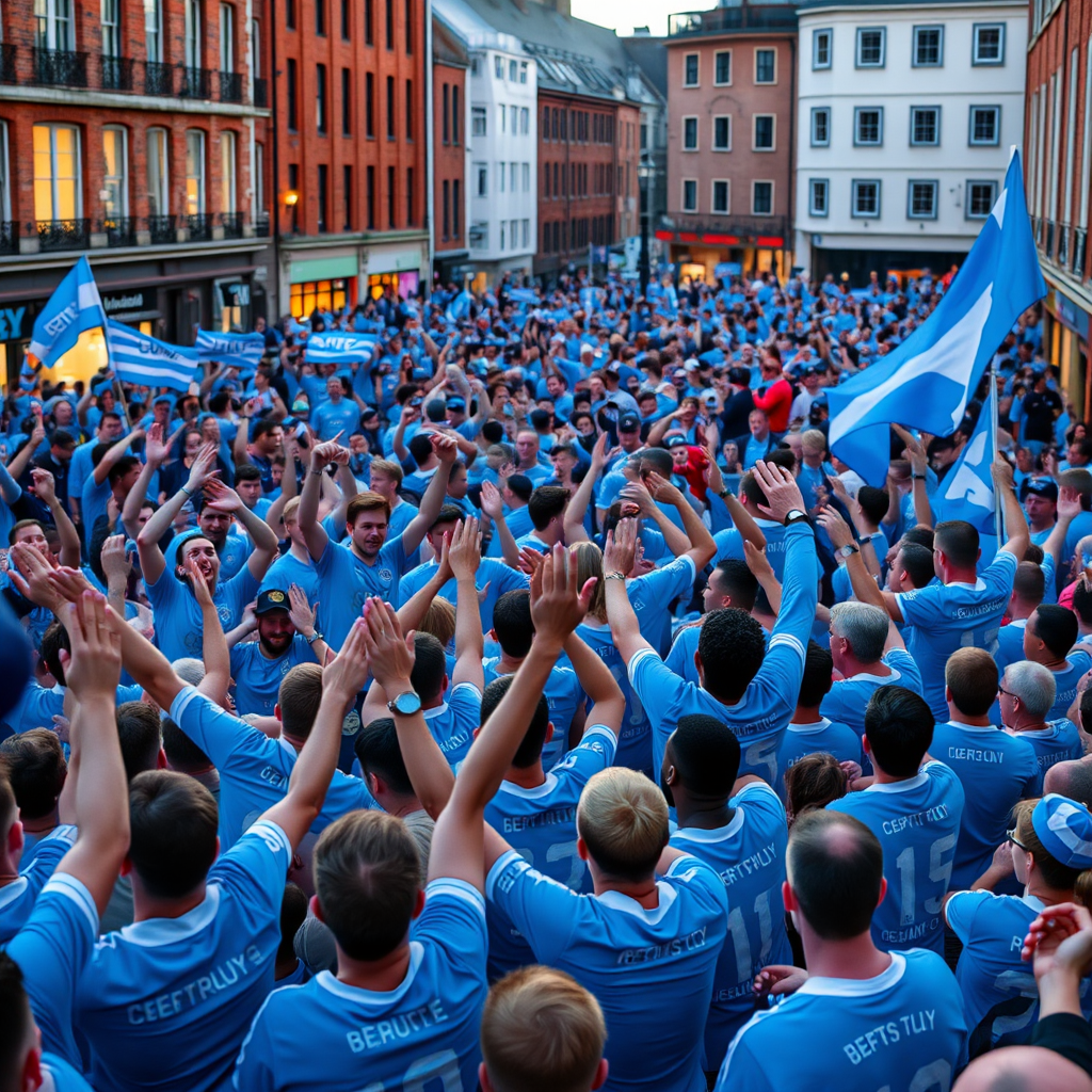 Jubilant Coventry City fans celebrate making the Premier League on Broadgate